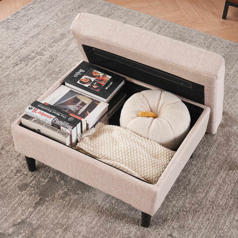 Jurnei Upholstered Armchair and Storage Ottoman Set, Single Sofa Chair with Cup Holders and Tufted Detailing, Beige Linen