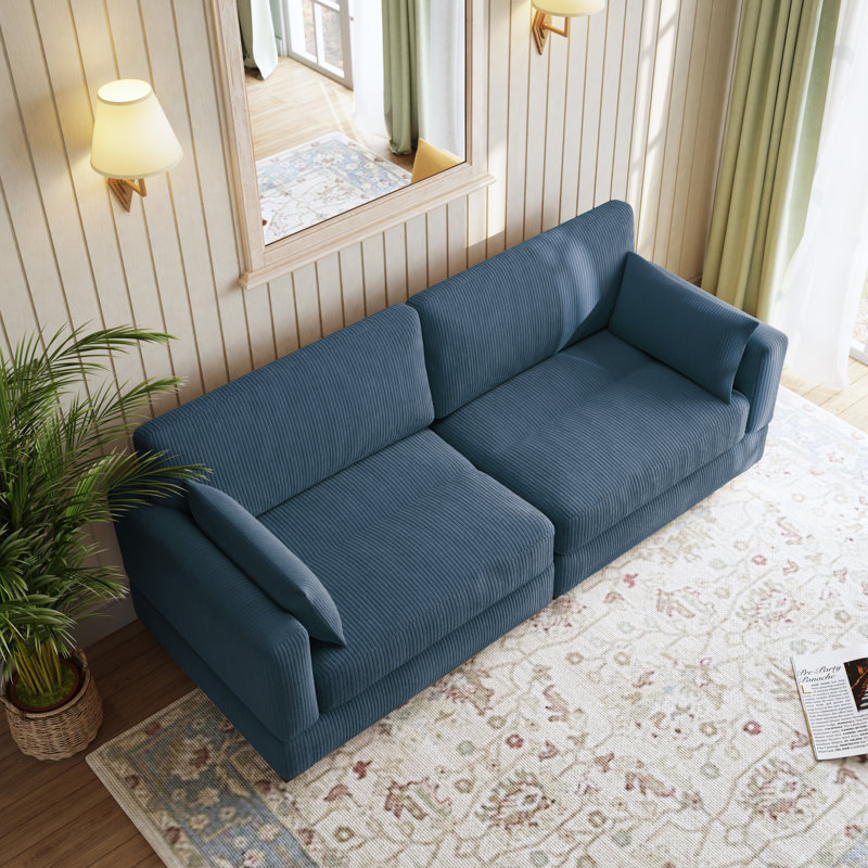 Bentura Upholstered Navy Corduroy Modular Sofa with Pillow Back and Solid Wood Legs, Navy