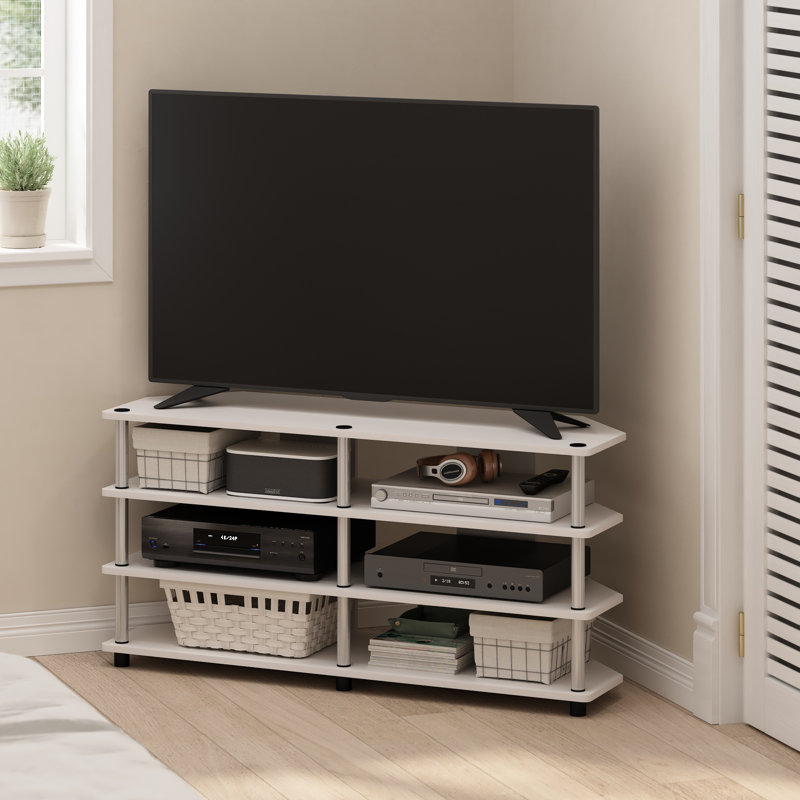 Sharee Easy Assembly 4-Tier Corner TV Stand for TV up to 55-Inch, White Oak/Stainless Steel