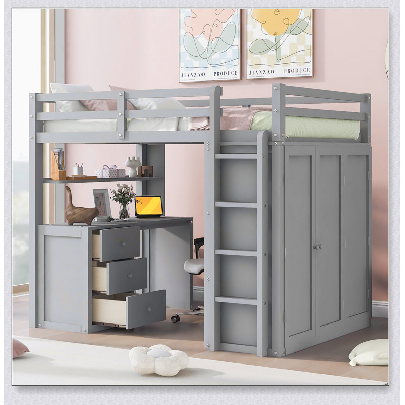 Lit mezzanine avec tiroirs, bureau et garde-robe, Gris