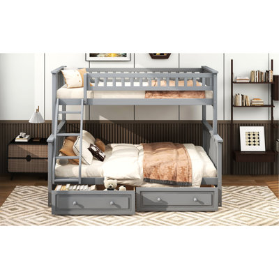 Lit superposé simple au-dessus d'un lit double avec tiroirs, option convertible grise, pin et matériau, rails de sécurité, assemblage rapide