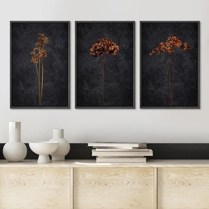 «Grunge Moody Flower Minimalist Floral and Botanical», ensemble de 3 toiles encadrées, H 24 po x l 16 po x P 1,5 po, Noir