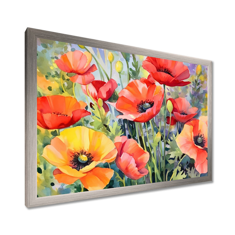 Vibrant Poppies I - impressions florales encadrées, Cadre simple argenté, H 16 po x l 32 po x P 1 po