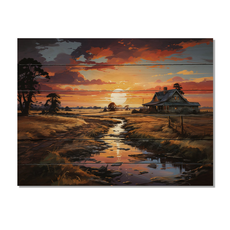Merito Farmhouse Sunset sur impression de bois, H 30 po x l 40 po x P 0,78 po