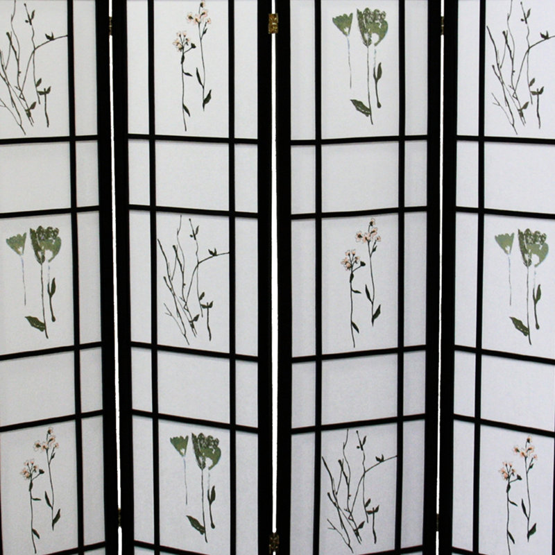 Paravent noir de 70 pouces de haut, à 4 panneaux, pour plus d'intimité et d'esthétique, avec un délicat motif floral.