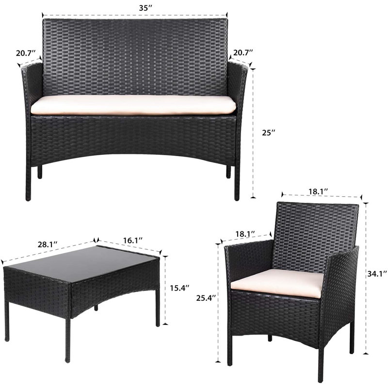 Ensemble de conversation pour patio 4 pièces, Noir