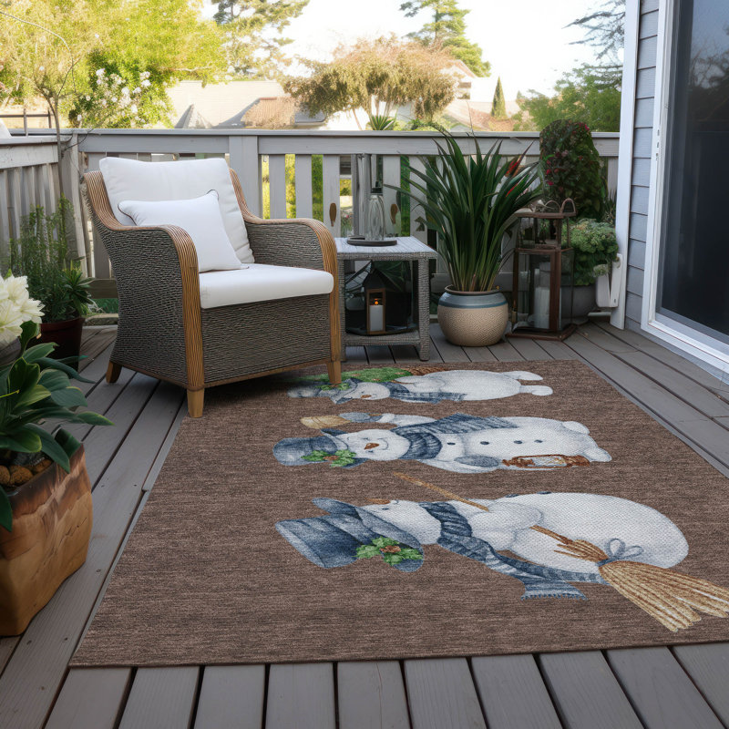 Machine Washable Indoor/Outdoor Christmas Snowman Xhevrie Brown Rug, Rectangle 5' x 7'6"