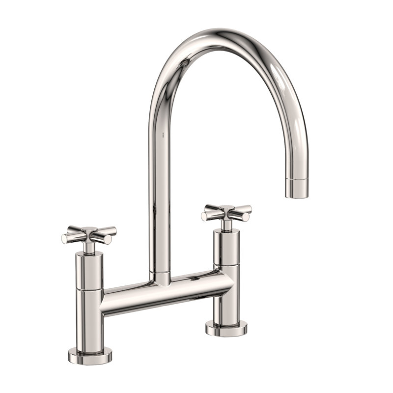 East Linear Kitchen Bridge Faucet, Polished Nickel, Knob/Cross handle