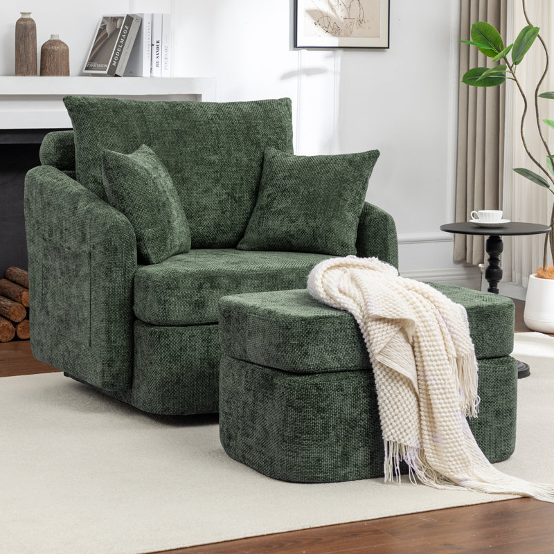 39''W Modern Swivel Upholstered Chenille Accent Chair With Compression Ottoman, For Living Room with Pillows Back, Green, 1