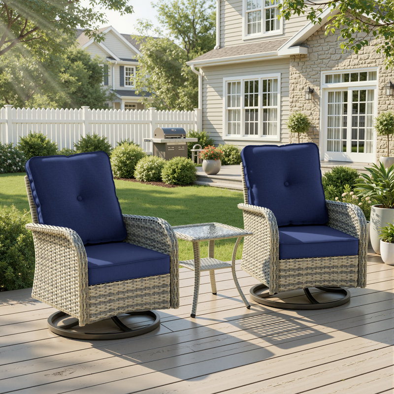 2-Person Patio Conversation Set With Rocking Swivel Chairs And Tempered-Glass Table, Navy Blue