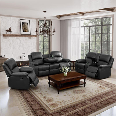 Manual 3-Piece Leather Recliner Sofa Set with Sofa, Loveseat & Chair for Living Room, Home Theatre, and Office Seating