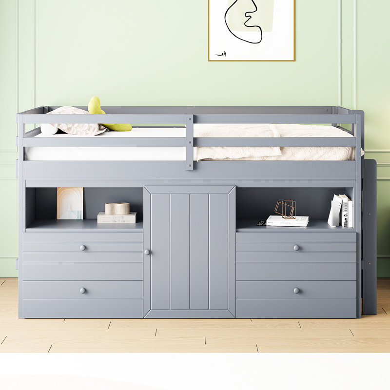 Lit mezzanine simple gris avec 4 configurations, sous l'armoire, tablettes - 4 tiroirs robustes et peu encombrants, armoire et étagères gérées