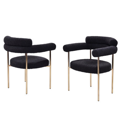 2 Modern Black Boucle Fabric Armchairs With Brushed Gold Finish, Solid Pattern For Dining Room Arrangement Upholstered Trim Metal Frame, Medium Firm Seats Area