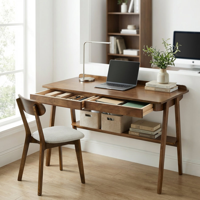 Bureau d'écriture en bois massif, bureau Mid-Century moderne avec 2 tiroirs et tablette de rangement, bureau debout avec crochets latéraux, poste de travail multifonctionnel