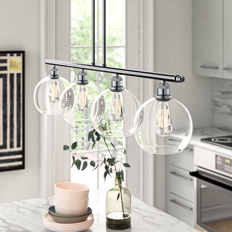 Luminaire suspendu linéaire à 4 lumières pour îlot de cuisine Baptista, Transparent, Nickel satiné brossé