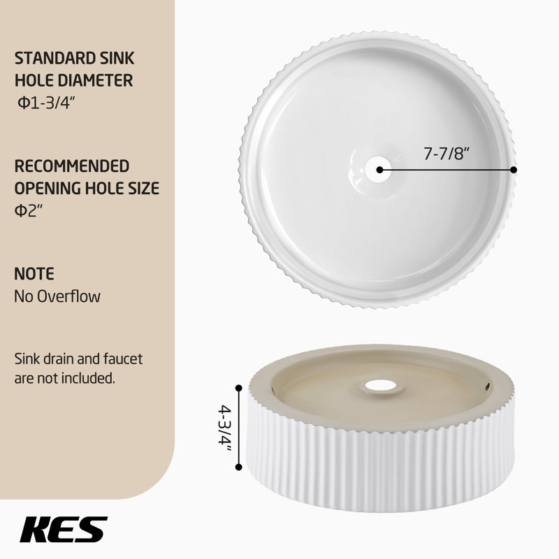 White Ribbed Ceramic Round Above-Counter Vessel Sink