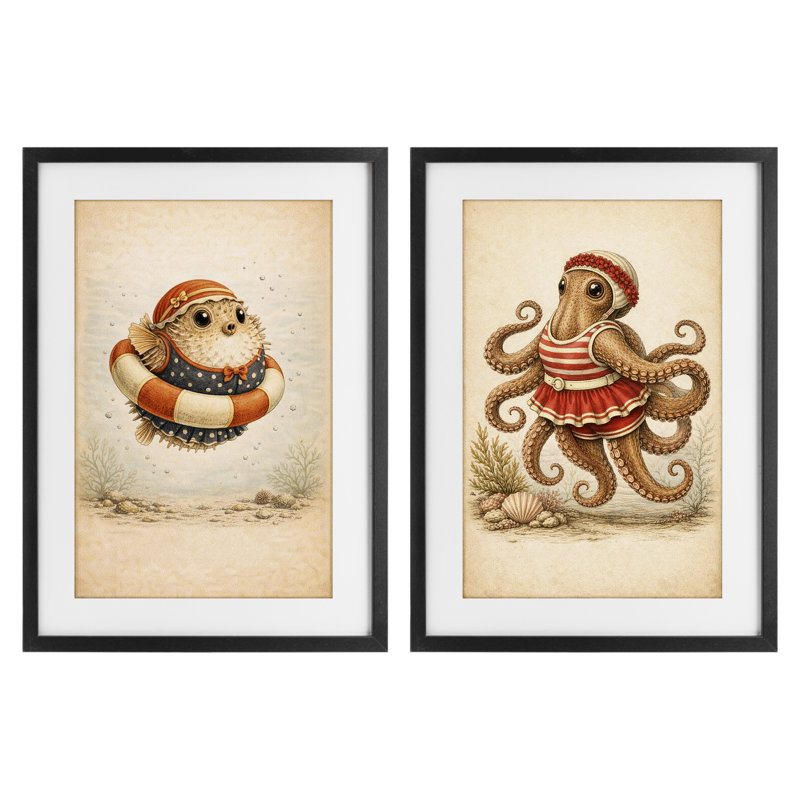Ensemble de 2 reproductions sous-marines Vintage, 20 x 14, Cadre noir minuit sous verre