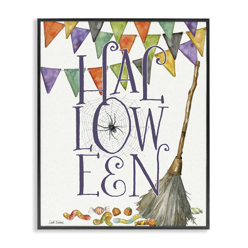 Giclée d'Halloween avec balai SpellBond, design par Leslie Trimbach, H 20 po x l 16 po, Giclée encadrée noir minuit