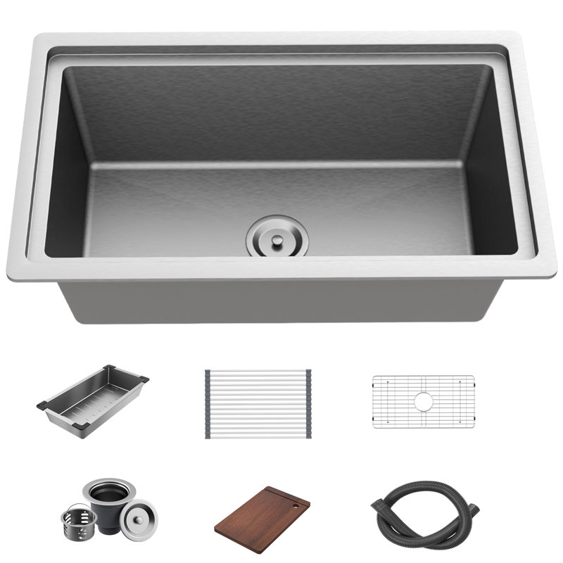 30" Undermount Stainless Steel Kitchen Sink, Single Bowl Complete Set With Colander, Cutting Board & Dish Rack