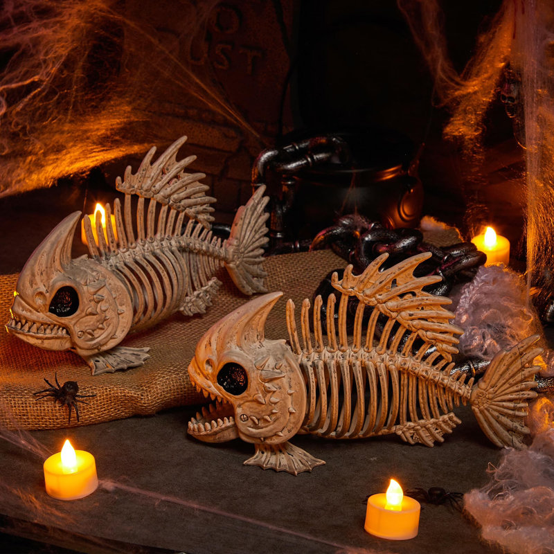 2 PCS 9.5 Halloween Poseable Fish Skeleton Decor, Animal Plastic Bones with Posable Joints for Halloween Indoor Outdoor Decorations Party Props, Yard Patio Lawn Garden Props Decor
