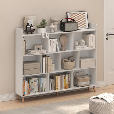 Claude Mid Century Style 10-cube Bookcase, Bookshelf, Storage Organizer With Wood Legs, White