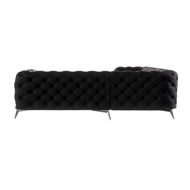 L-shape Corner Chesterfield Sofa  with Silver Metal Legs, Black