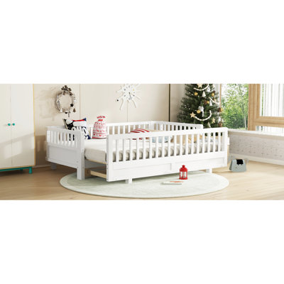 Lit simple convertible blanc avec garde-corps, conception solide et sécuritaire, convient à toutes les chambres multifonctionnelles, convient aux petites