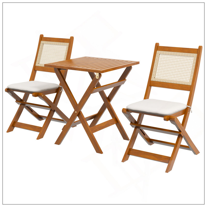 Ensemble de bistro de patio en bois pliable 3 pièces avec conversation et coussins, pour porche, cour, jardin, teck clair