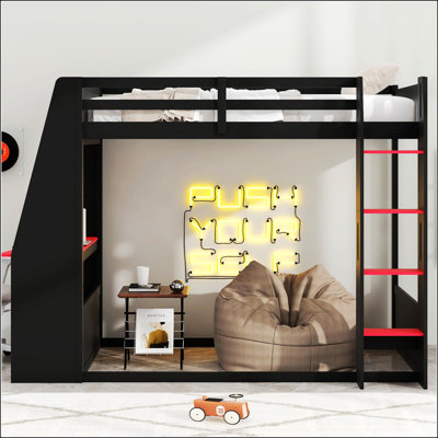 Lit simple superposé en bois avec bureau, deux tablettes de rangement, USB et lumière DEL
