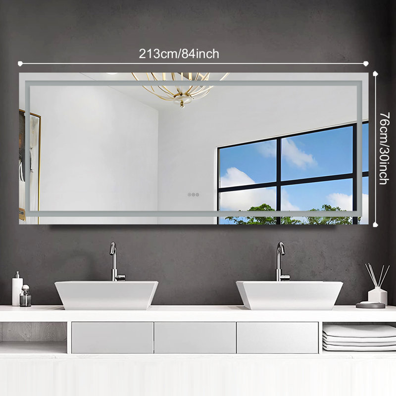 Miroir de salle de bain sans cadre à DEL avec lumières, miroir de meuble-lavabo mural anti-buée, multifonctionnel, 3 lumières à intensité variable, fonction de mémoire