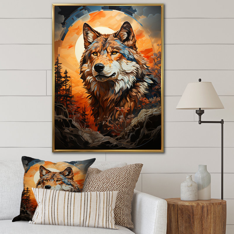 Loup amérindien brun avitto, H 20 po x l 12 po x P 1 po, Cadre flottant doré
