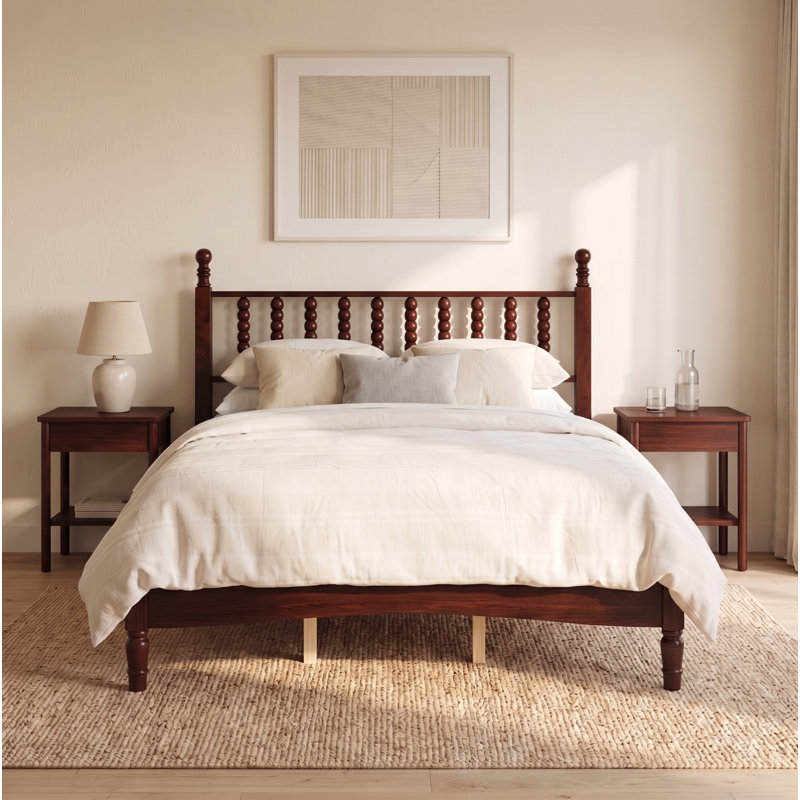 Solid Wood Retro Platform Bed with Gourd Spindle Headboard and Slat Support, No Box Spring Required, Multiple Sizes and Finishes
