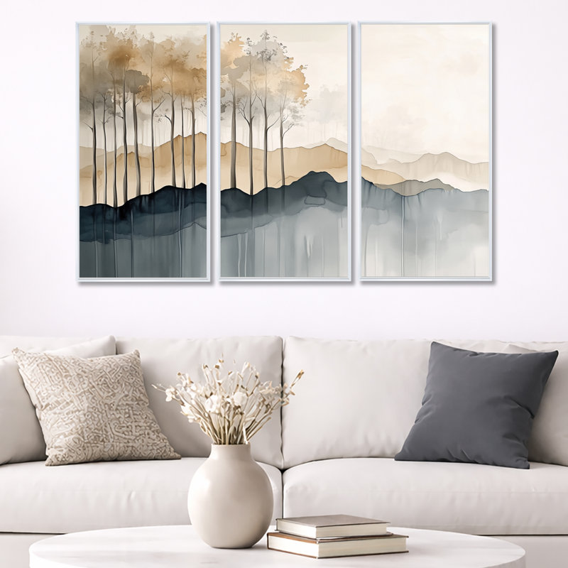 «Amber Ridge Treeline - Forest», art mural 3 pièces, H 32 po x l 48 po, Cadre flottant blanc