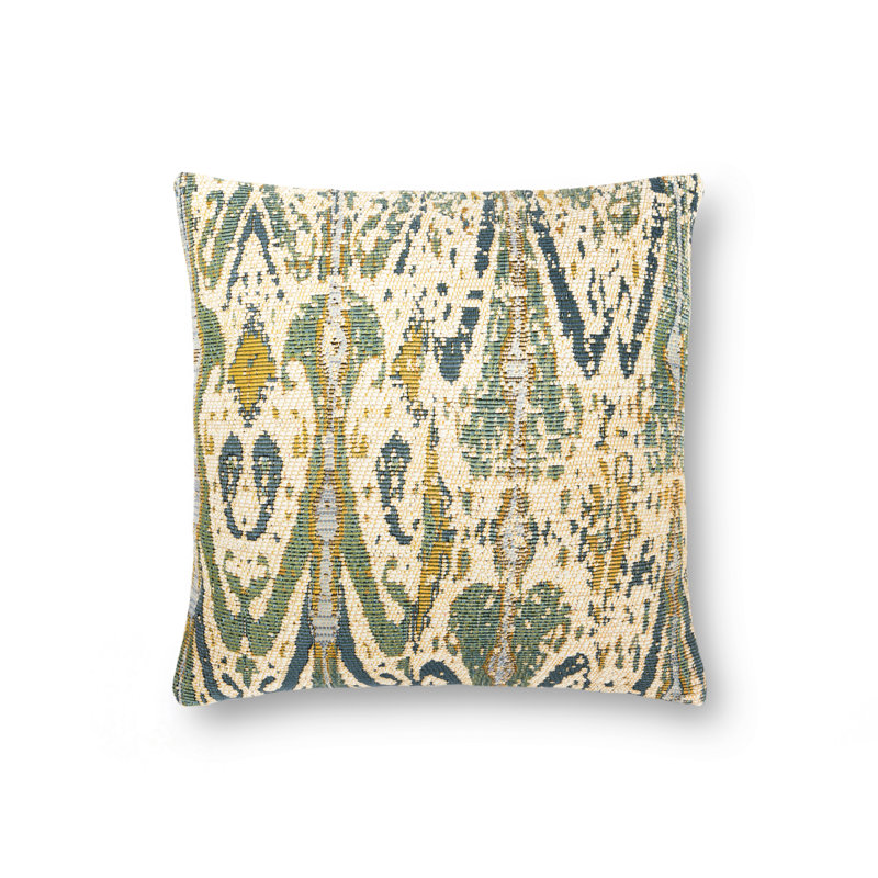 Green and Multicolor Ikat Polyester Pillow Cover with Down Insert