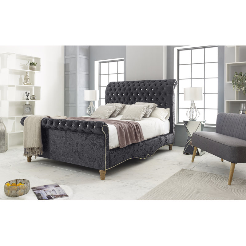 Margrett Upholstered Velvet Sleigh Bed, Single (3'), Steel