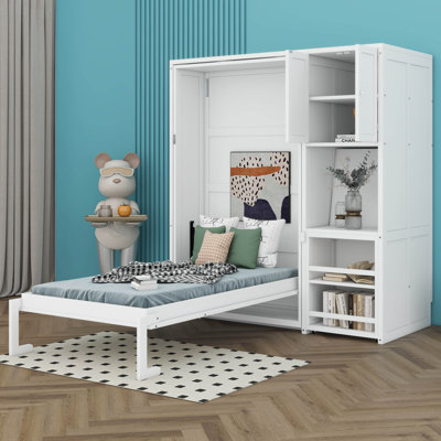 Twin Size Rotating Wall Murphy Bed With Bookshelf,  Top Cabinet, Extendable Desk & Side Storage