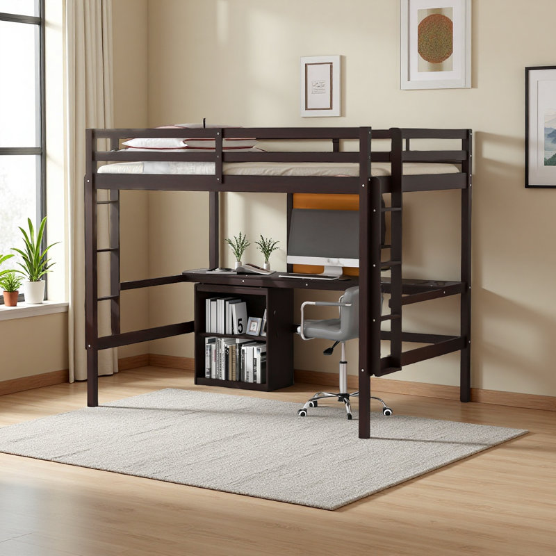 Lit mezzanine avec bureau et tableau d'écriture, lit mezzanine en bois avec bureau et armoire à 2 tiroirs, Lit double