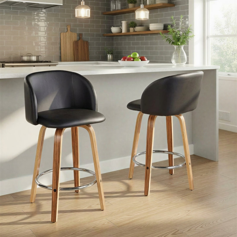 Terrance Fixed-Height Bar & Counter Stools With Bent Wood Legs & Round Footrest, Black Seat/Zebra Frame