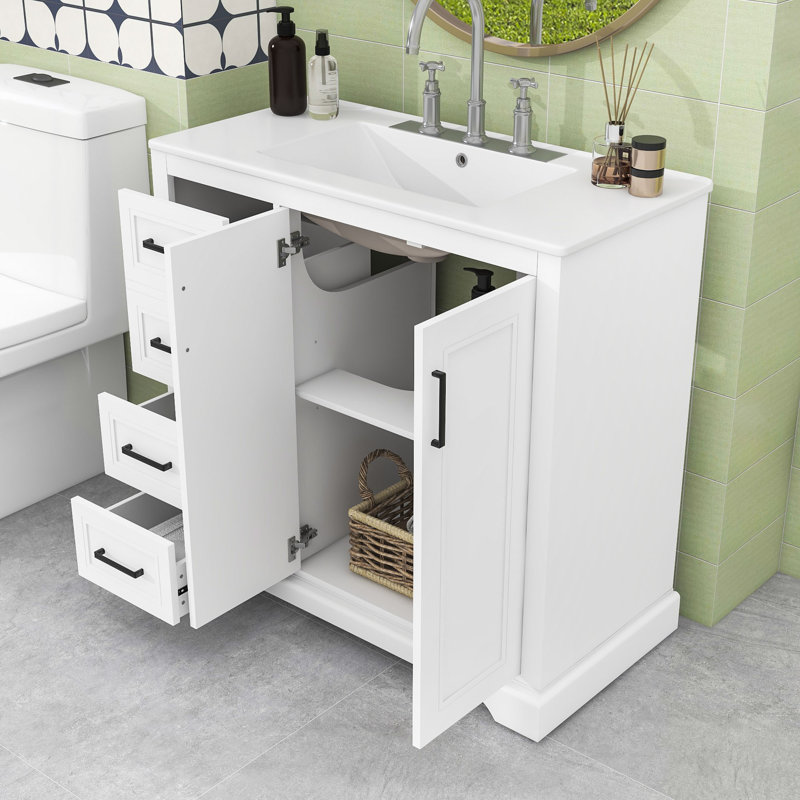 Modern Freestanding Single Bathroom Vanity with Ceramic Sink, Soft-Close Doors and Spacious Storage, White