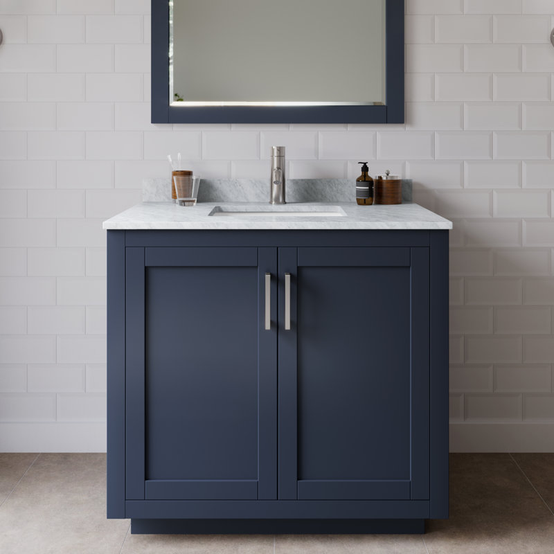 Miranda 36" Freestanding Single Bathroom Vanity with Marble Top, Dark Blue, Brushed Nickel