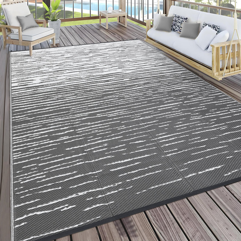 Waterproof Reversible Outdoor Patio Rug 8x10ft – Modern Striped Plastic Straw Mat, UV Resistant, Durable for Backyard, Deck, RV, Camping, Beach, Picnic – Grey White
