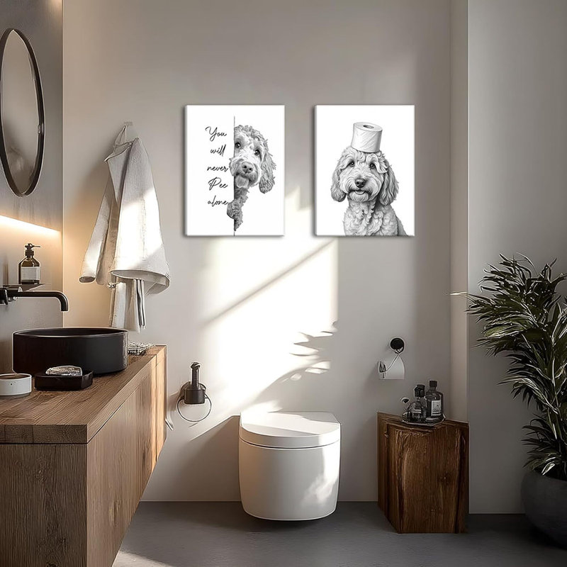 Framed Funny Bathroom Canvas Wall Art Set Of 3,  Cute Dog Pictures Wall Decor, Humor Animal Paintings Toilet Signs Prints Home Decor For Restroom 12X16 Inch