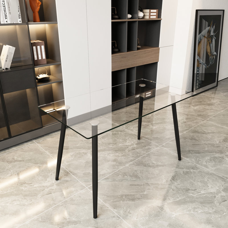 51,67 po - Bureau de salle à manger en verre lisse avec surface trempée et détails en métal noir, sièges 4 et 6 pour les rassemblements sociaux Table rectangulaire minimaliste moderne de 51 po, structure de 0,31 po, grande cuisine de salon