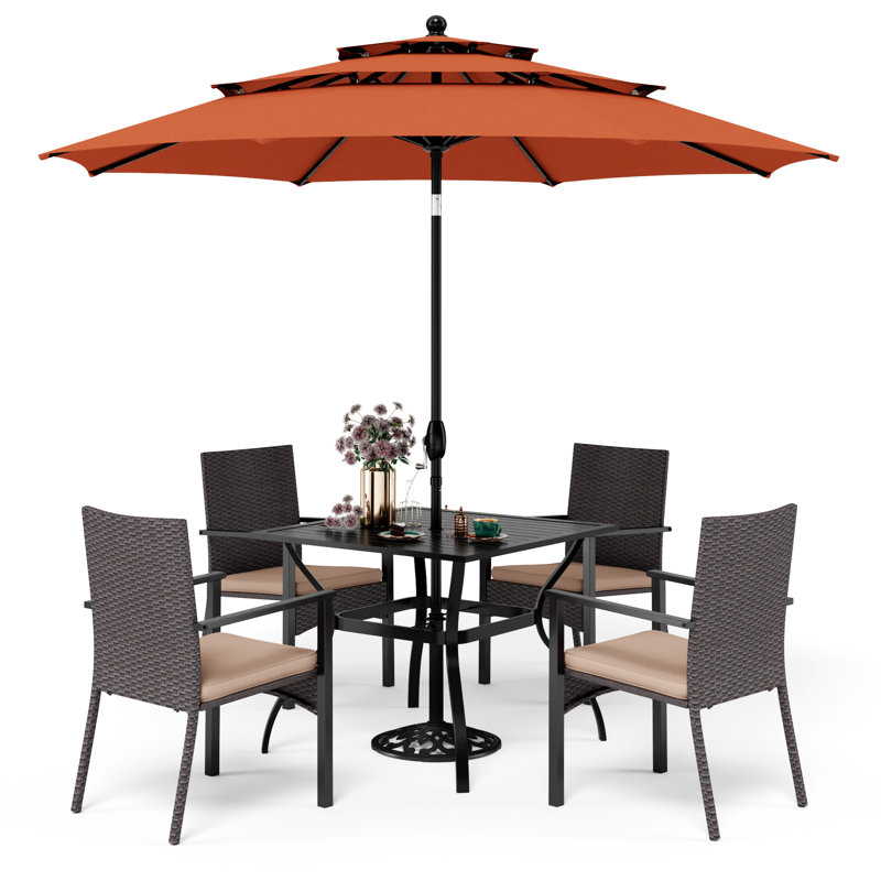 Ensemble repas carré pour patio avec parasol et coussins 4 personnes, Beige