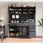 Buffet autoportant de 63 po de largeur avec huche - grand café, 6 tiroirs, 5 armoires, panneau perforé, porte-serviettes, prise de courant, noir-472933428
