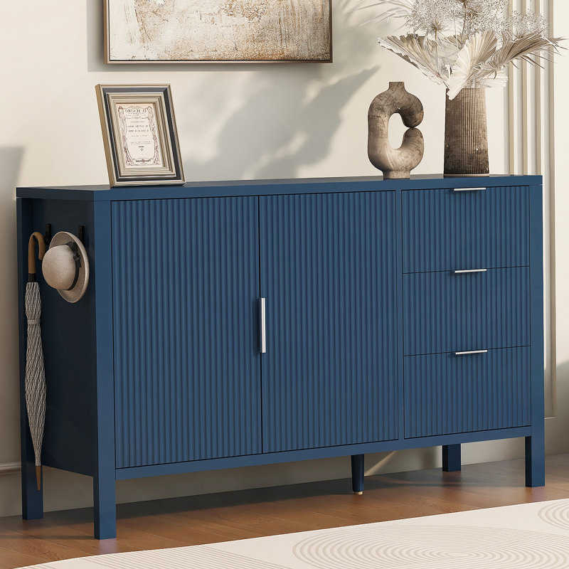 Buffet avec 3 tiroirs, armoire de rangement avec crochets pour le salon, le vestibule, le couloir., Navy Blue