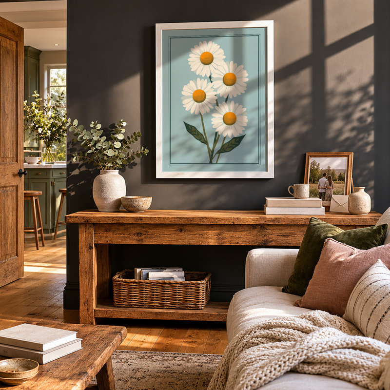 Five Daisies Arranged Botanical - Framed Print, A2 - 59.4 x 42.0 cm, White