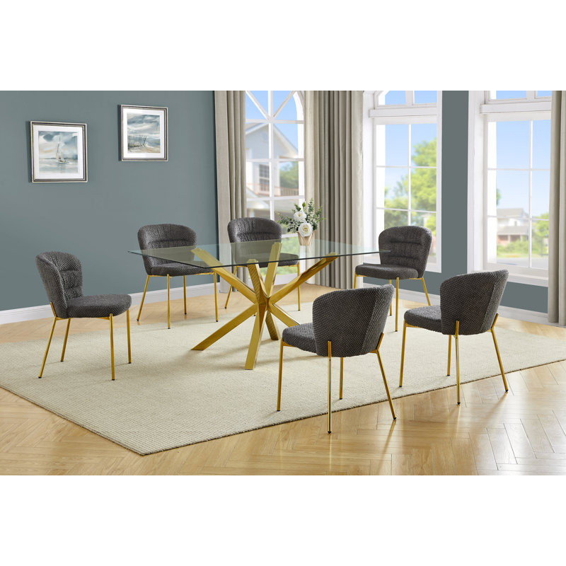 Ensemble de salle à manger rectangulaire en verre et acier inoxydable avec chaises d'appoint moelleuses, Gris foncé