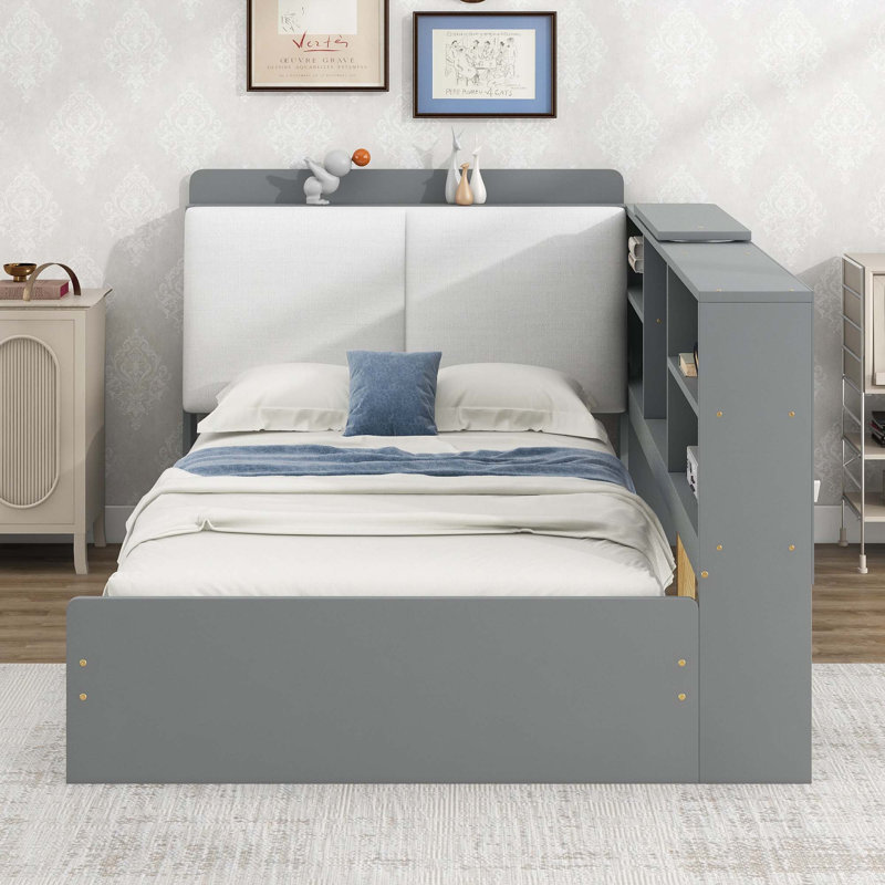 Platform Bed With 2 Drawers, Grey, Twin