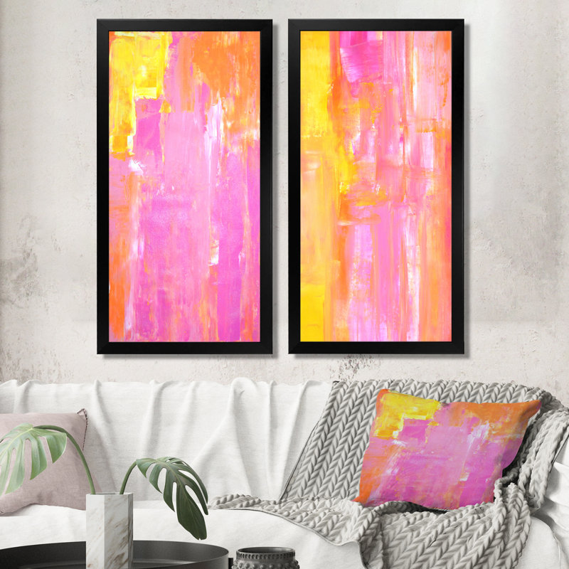Ensemble de 2 peintures sur toile - Abstrait jaune et rose, H 32 po x l 32 po x P 1 po, Cadre photo noir